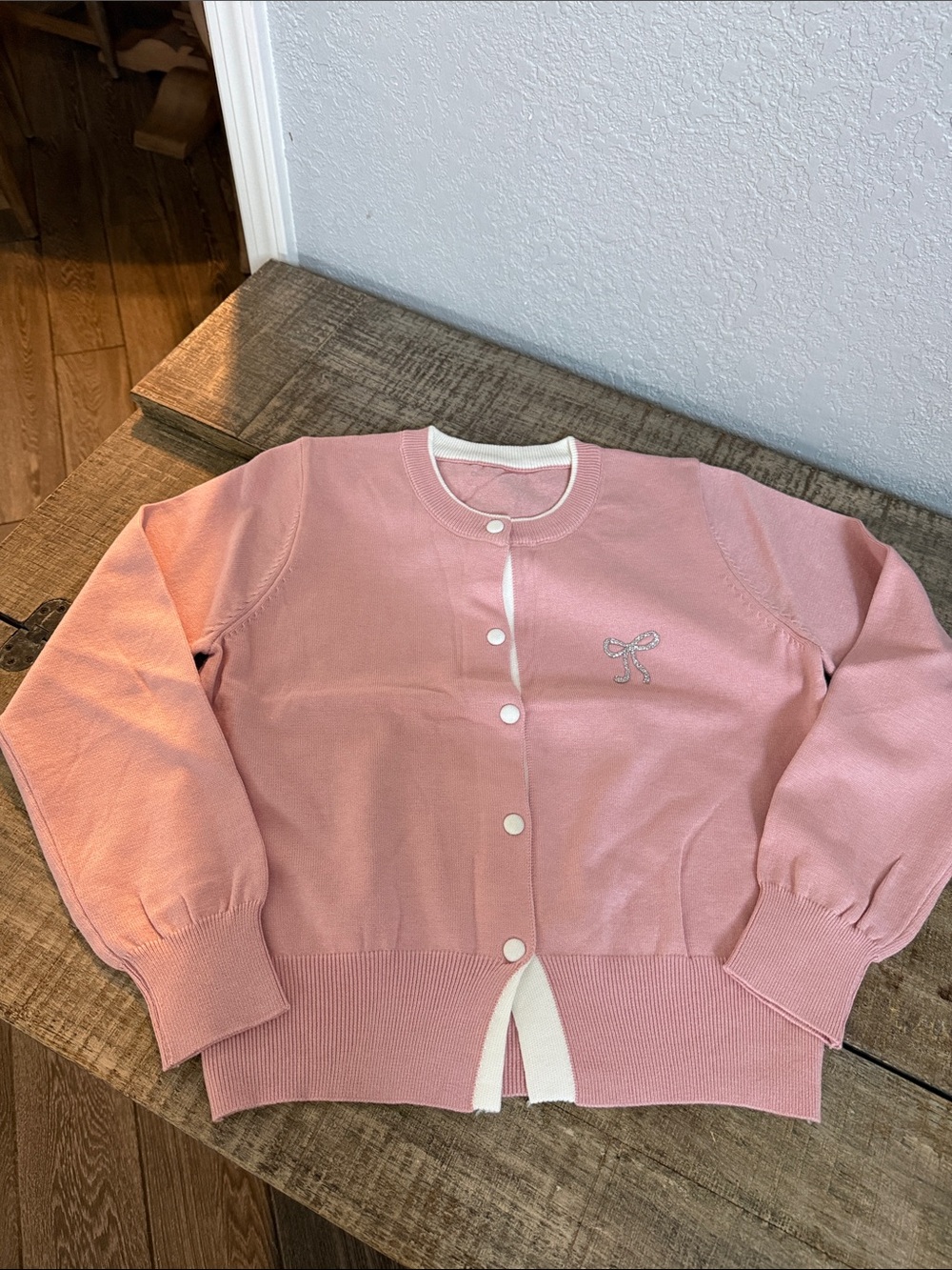 Women's Pink Button-Front Cardigan with Bow Detail
